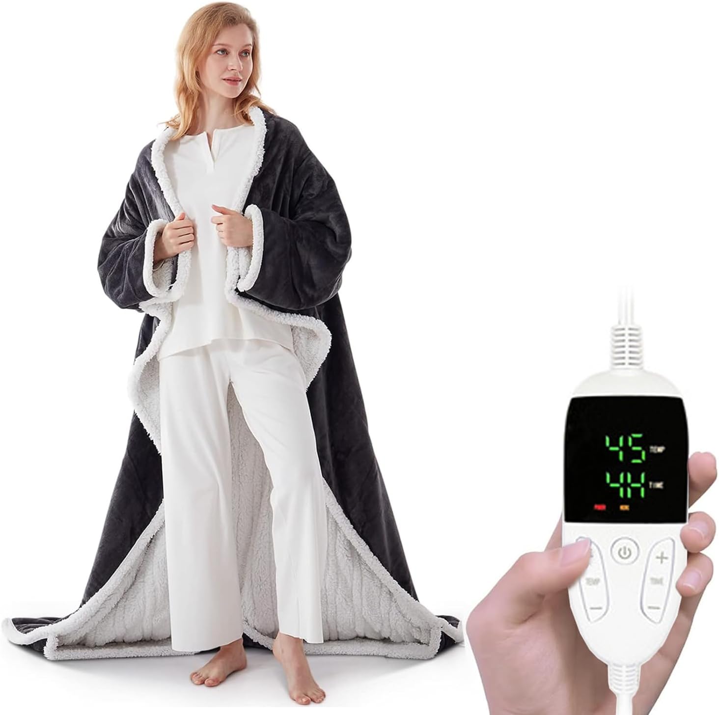 Electric Heated Blanket Throw Wearable with Foot Pocket & Sleeves, 6 Heating Levels & 2 to 10 Hours Heating Time Settings for Home Office, Machine Washable (130 * 180CM)