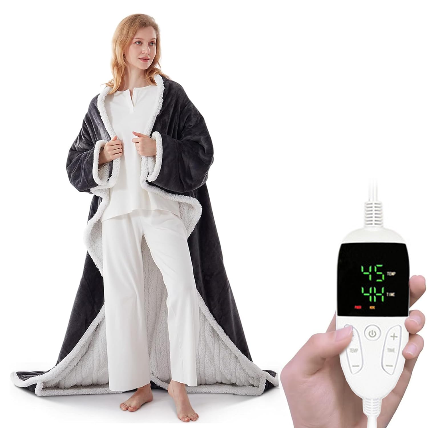 KASTWAVE Electric Heated Blanket Throw Wearable with Foot Pocket & Sleeves, 6 Heating Levels & 2 to 10 Hours Heating Time Settings for Home Office, Machine Washable (130 * 180CM)