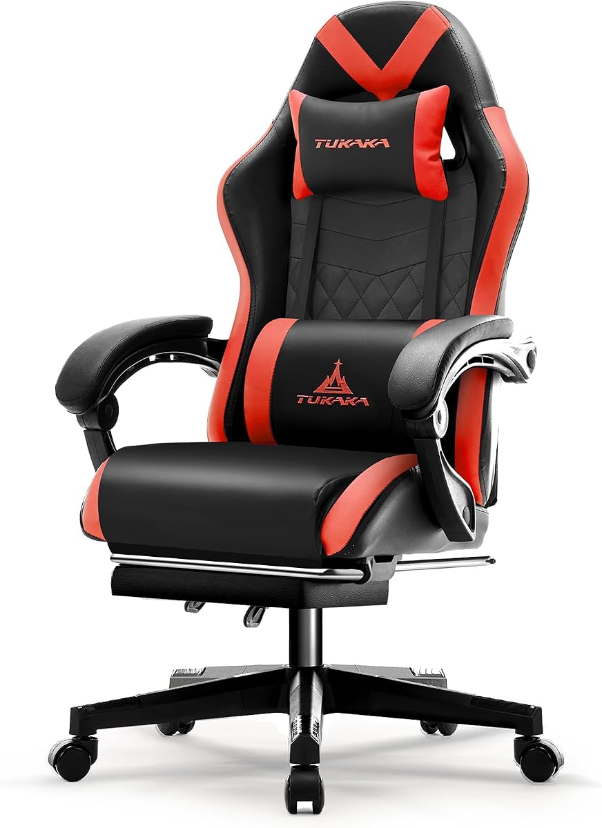 Silla para Juegos, Silla de Escritorio de Oficina de Masaje ergonómica con reposapiés, Rojo | Cojín de resortes ensacados, reclinable, respaldo alto grueso, reposacabezas y soporte lumbar, silla de ordenador de cuero ajustable, silla para jugadores