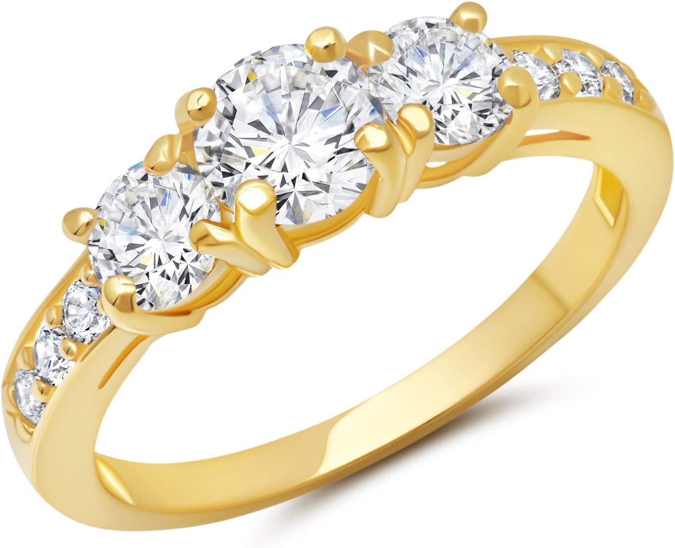 1 Carat 3-Stone Diamond Engagement Ring - 10K Yellow Gold, 11 Round Diamonds, Classic Design