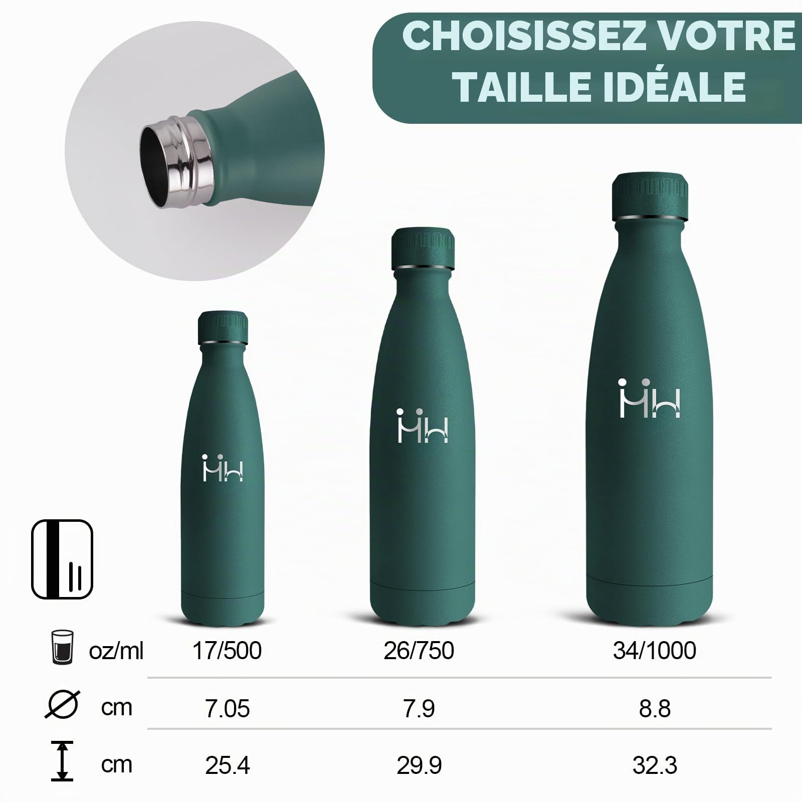 Gourde Isotherme, Gourde 500ml, Bouteille Inox, 24h Froid & 12h Chaud, Acier Inoxydable 18/8, Bouteille Metal, Facile à Transporter, Bouteilles Isothermes pour l'École, Bureau, Voyage