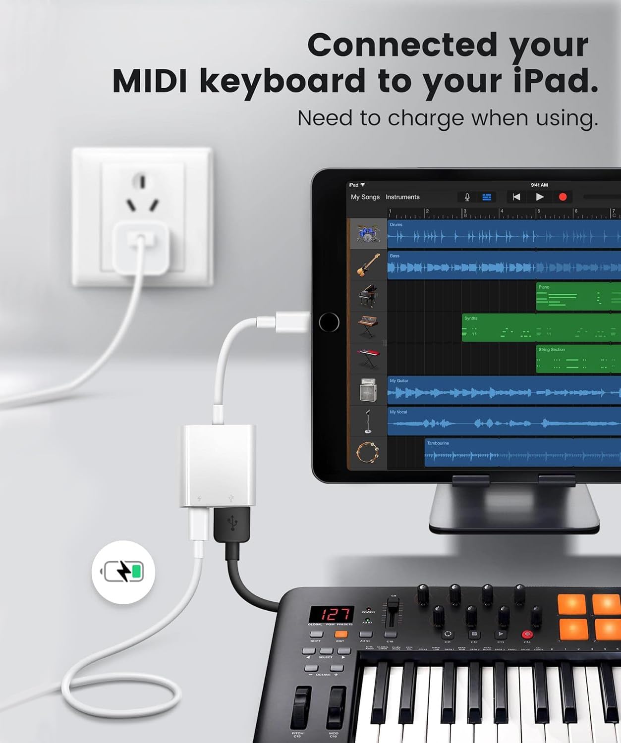 Apple Lightning to USB Camera Adapter with Charging Port, MFi Certified OTG Cable for iPhone 14 13 12 11XS X 8 iPad to Camera, USB Flash Drive, SSD Hard Drive, Card Reader, MIDI Keyboard