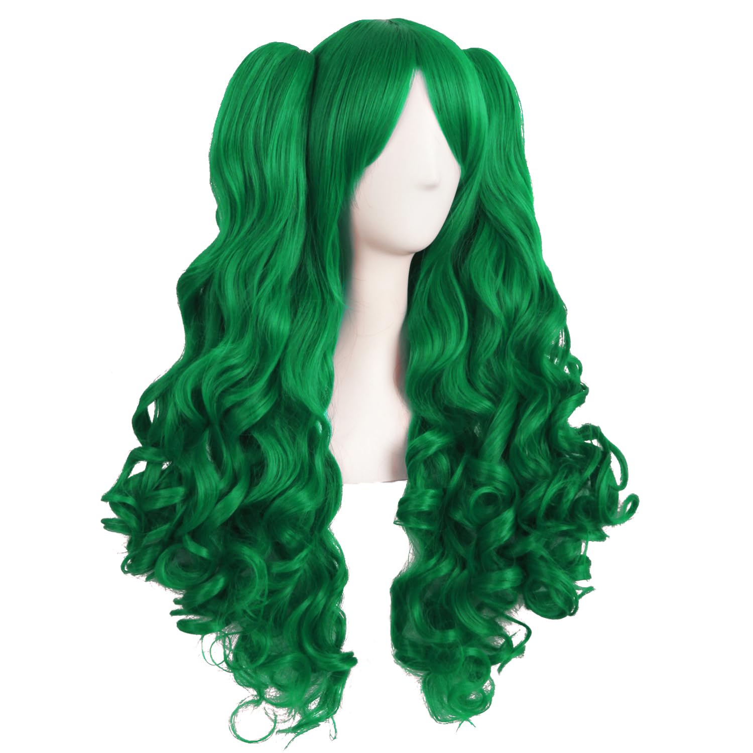 MapofBeauty 28 Inch/70 cm Lolita Long Curly 2 Ponytails Clip on Cosplay Wig (Grass Green) - Image 2