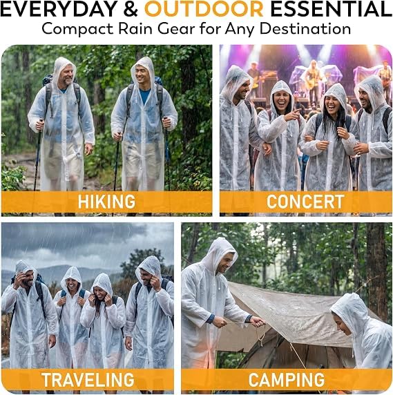 Image of Disposable Emergency Rain Ponchos 5 /10 Pack, Clear Waterproof