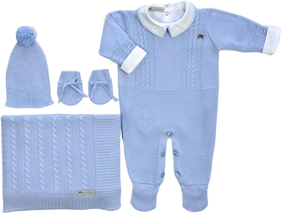 Kit Saída De Maternidade 5 Peças com Body Algodão + Macacão Tricô + Manta Tricô + Touca Tricô + Luva Tricô Para Bebê Recém Nascido Menino