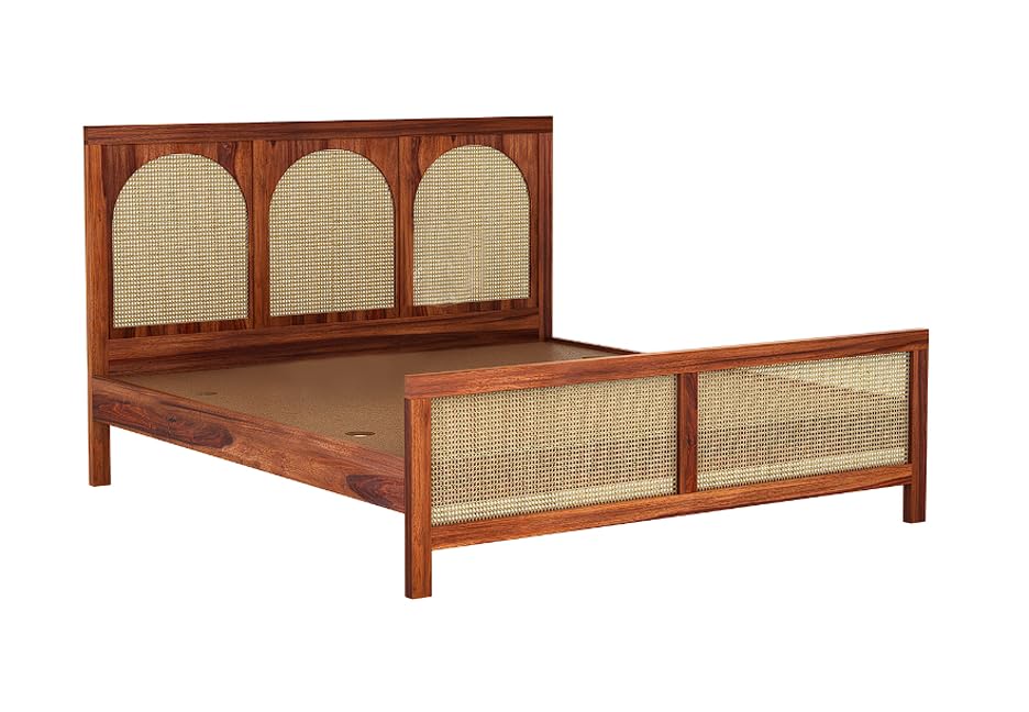 Image of Sheesham Wood King Size Bed Without Storage for Bedroom | Solid Wooden Cane Bed Cot Furniture for Home, Hotel & Guest House | Modern Double Bed 80x75x48 Inch Design