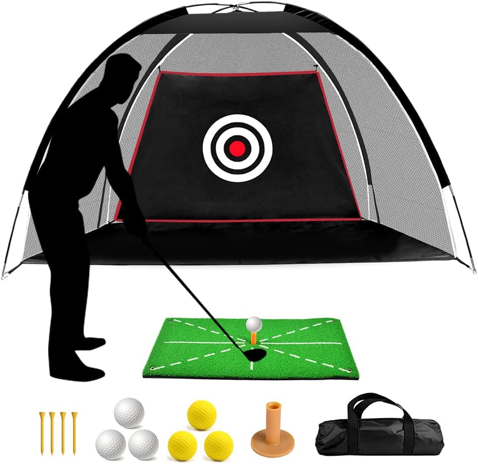 Black Golf Practice Set With Net, Hitting Mat, Target Cloth and Carrying Bag for Backyard Driving