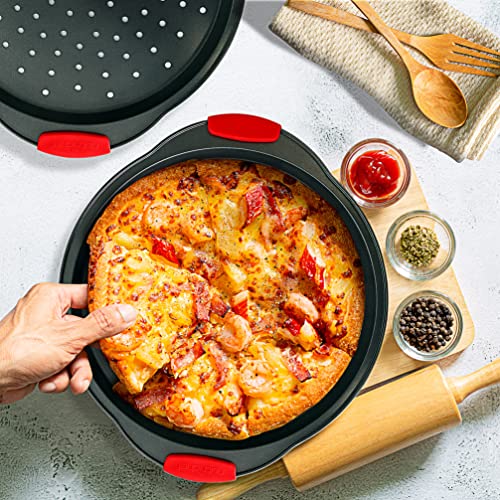 Image of NutriChef 13-Inch Nonstick Pizza Tray,Round Carbon Steel Non-Stick Pizza Pan with Perforated Holes,Premium Bakeware Pizza Screen with Silicone Grip Handles,Dishwasher Safe,NCBPIZX2 (Pack of 20)