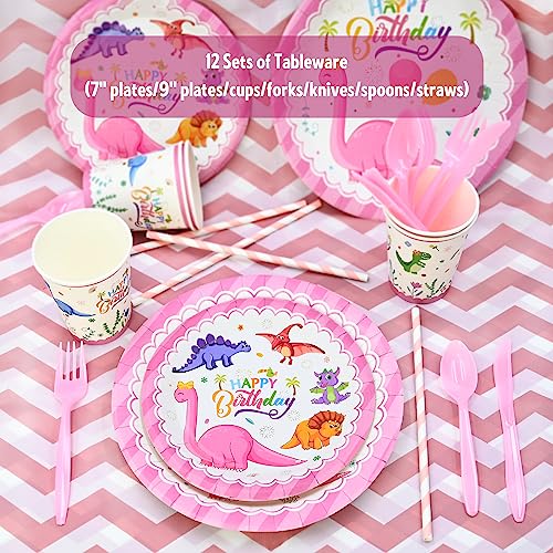 Image of 150 pcs Dinosaur Birthday Party Supplies For Girls (Serves 12), Pink Dinosaur Party Decorations, 50 pcs Latex Balloons, 12 sets Tableware, Plates, Tablecloth, Installation Tools