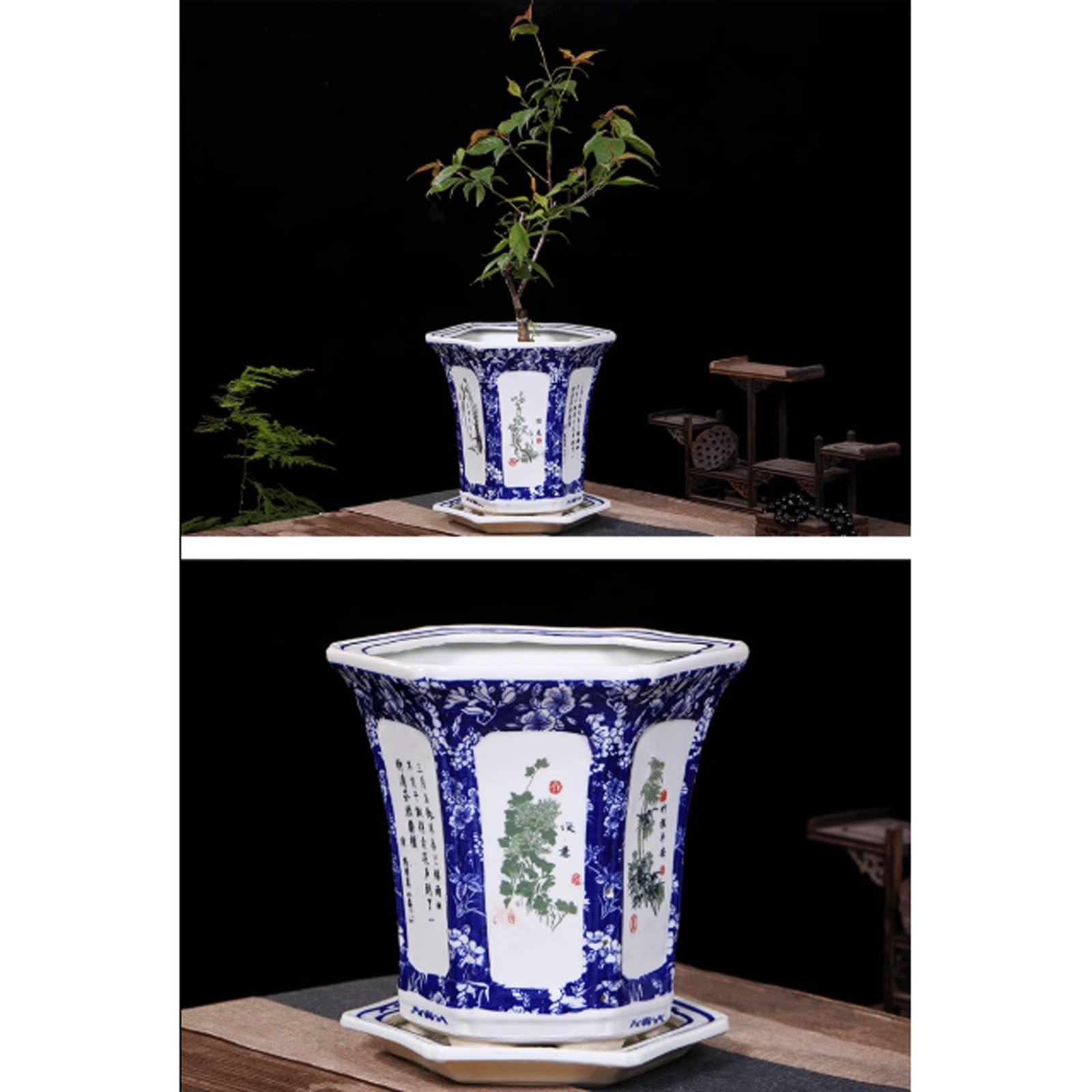 Dekoracyjna doniczka ceramiczna Jingdezhen, niebiesko-biała porcelanowa doniczka z otworem drenażowym i spodkiem, sześciokątna doniczka, glazurowana doniczka bonsai na storczyki, sukulenty, taras (21