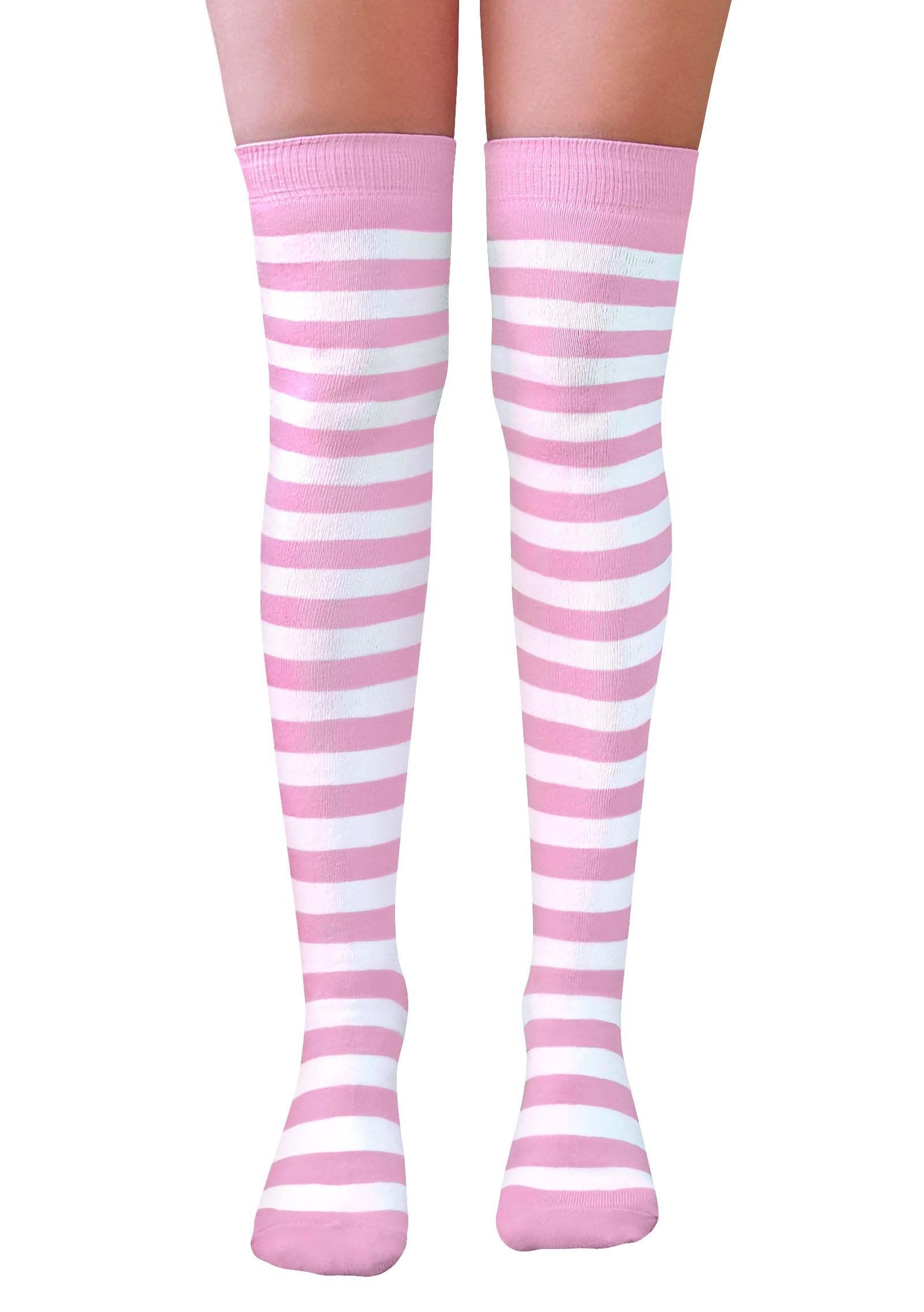 Nujake Girls Baby Pink & White Striped Over The Knee Socks Fancy Dress Cosplay Uk Size 4-5.5 (Cotton Blend, )