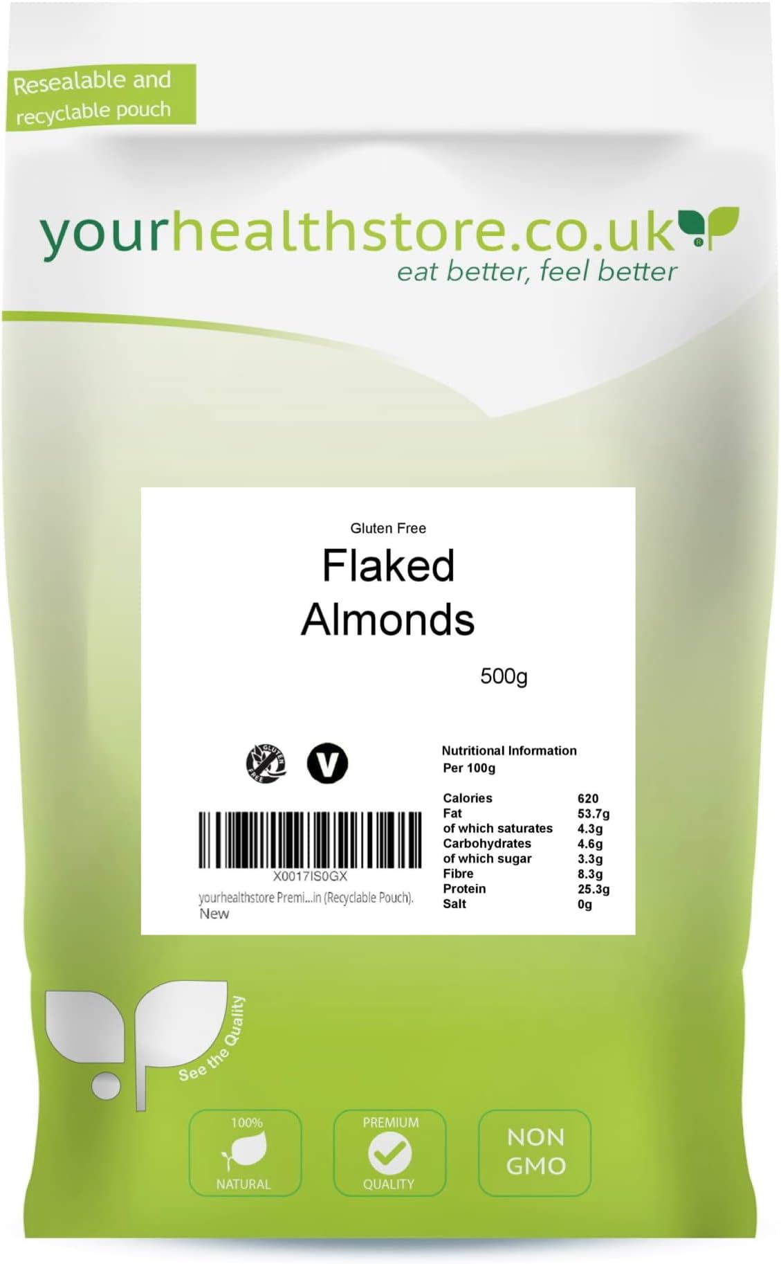 yourhealthstore Premium Flaked Almonds 500g, Non GMO, Blanched, Keto, Vegan, from Spain (Recyclable Pouch).