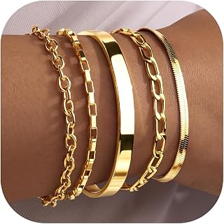 5PCS Gold Bracelet Stack for Women Non Tarniosh, Dainty Stackable Gold Bracelets Set, Stainless Steel Cuff & Chain Bracelets for Women Trendy, Fashion Jewelry Set Gift