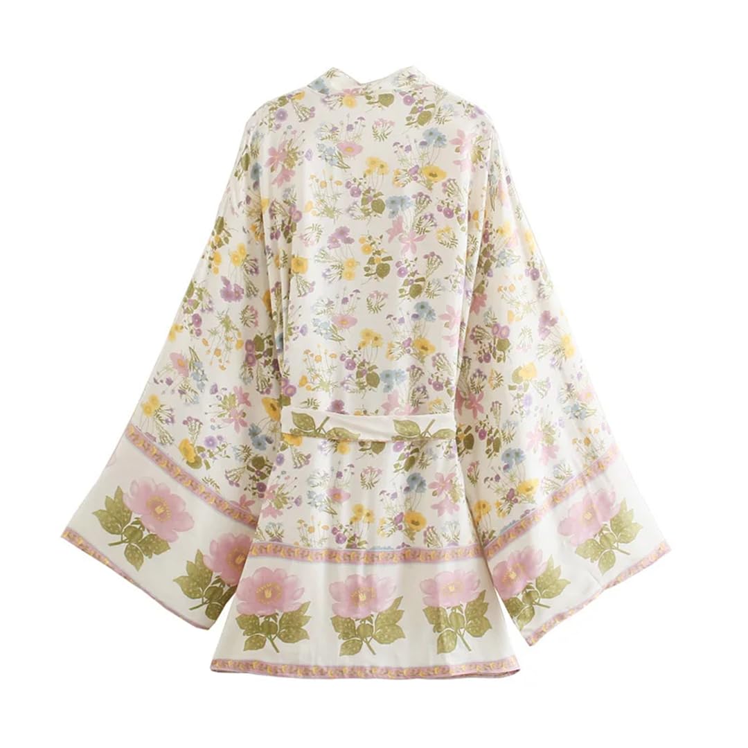 Disimlarl Kimono da donna con stampa floreale, stile bohémien, scollo a V, maniche a pipistrello, corto, da spiaggia, bikini bohémien