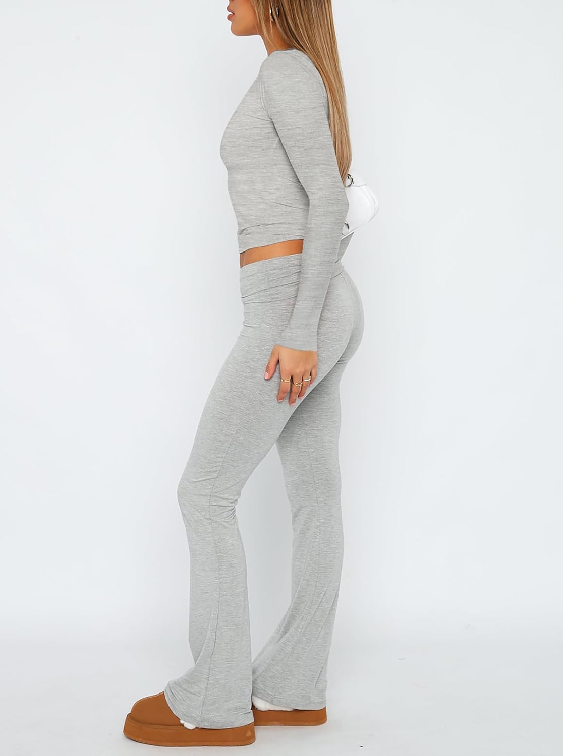 2 Piece Outfits Lounge Sets for Women Ruched Long Sleeve Tops Flare Yoga Pants Tracksuit Workout Sets - Image 3