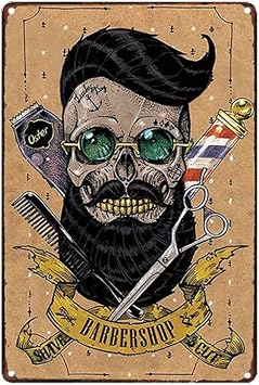 Cool Beard Skull Barber Shop Theme Metal Sign for Salon & Barbershop Decor 12" x 8"