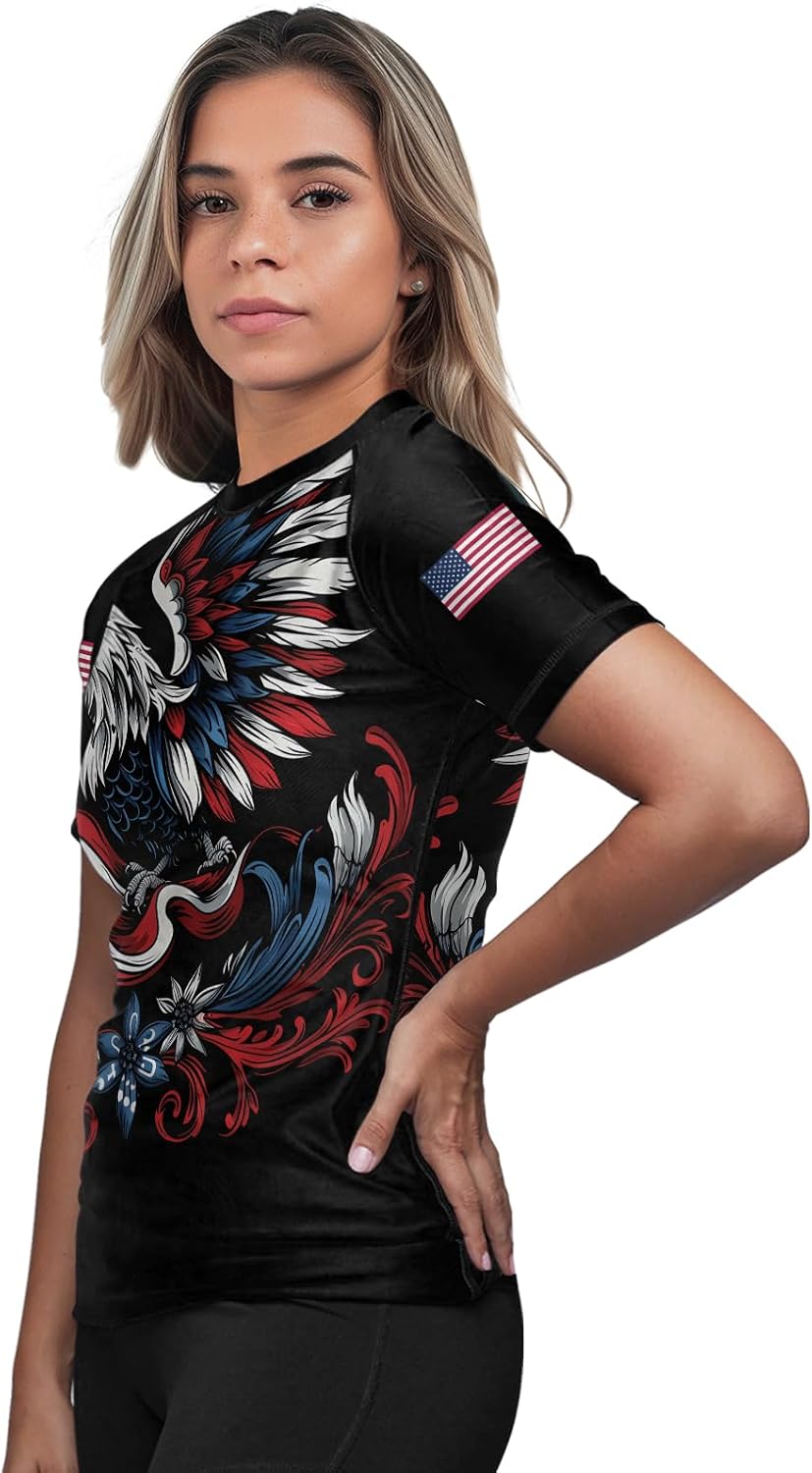 FORMONIES Patriot Women’s Short Sleeve Rash Guard – Compression Fit MMA BJJ No-Gi Shirt – Jiu Jitsu Fightwear