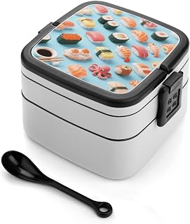 Double-Layer Bento Box with Spoon, 1000ml Leak-Proof Lunch Container - Divided Compartments & Easy Carry Handle, Many Sushi Food Lunch Box for Office, Picnic