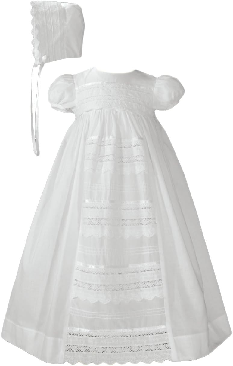 Girls Special Occasion 26" Cotton Christening Baptism Gown with Venise Lace and Cap