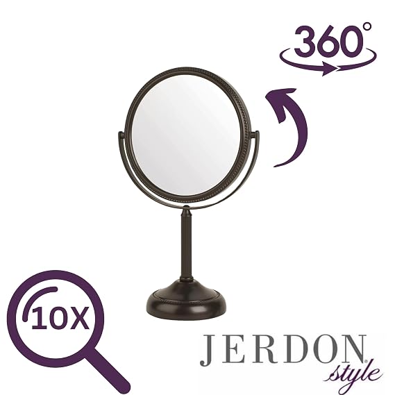 JERDON Two-Sided Tabletop Makeup Vanity Mirror - 10X-1X Magnification & Swivel Design - 6-Inch Diameter Portable Mirror - Bronze Finish - Model JP910BZP
