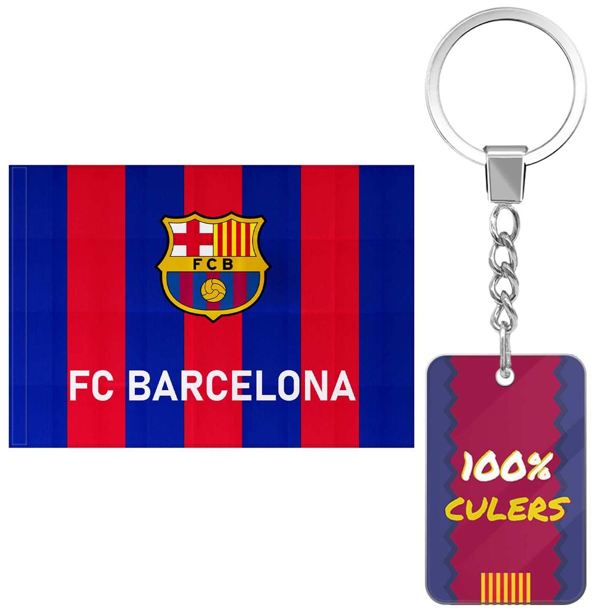 Bandera oficial del Barcelona de Fútbol + Llavero 100% Culers | 150 x 100 cm - Fondo Escudo en el centro Estela | Producto Oficial
