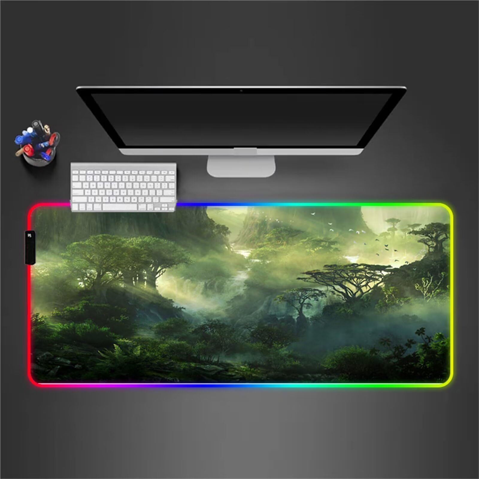 Tapis de Souris RGB Forêt Nature XXL Grand 900x400x4mm 7 Couleurs 14 Modes D'éclairage Tapis de Souris de Jeu LED avec Base en Caoutchouc Antidérapant pour Clavier PC