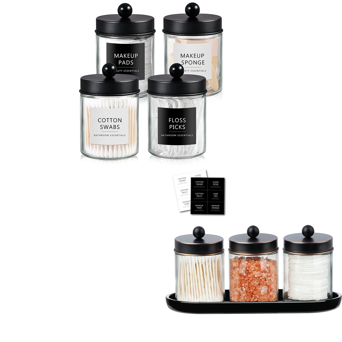 SheeChung Qtip Dispenser Holder Glass apothecary jars with Acrylic Vanity Tray Countertop Canister Guest Bathroom Essentials Storage Organizer