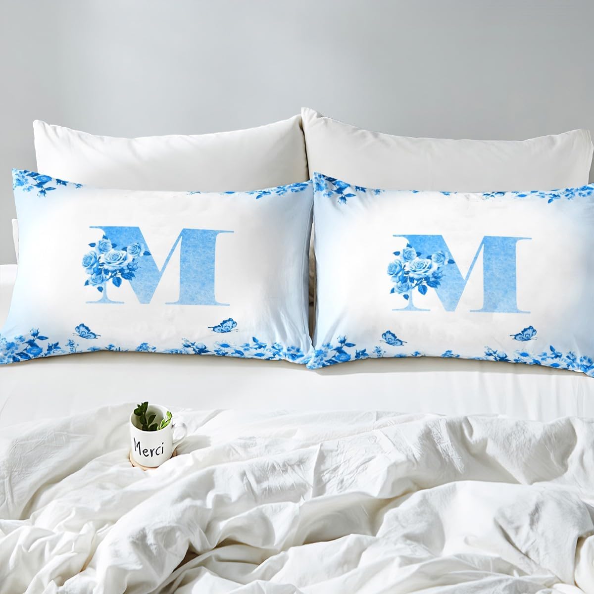 jejeloiu Blue Letter Flowers Bed Sheets Set Twin Size for Kids Teens Girls Woman Personalized Initial M Fitted Sheet Monogrammed Bedding Set Floral Rose Butterfly Bed Cover Room Decor Modern Fashion