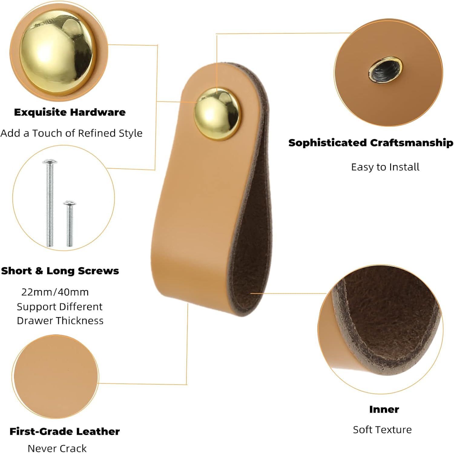 10 Pack Leather Drawer Pulls, Light Brown Soft Leather Knobs with Short and Long Screws, Modern Style Handmade Pull Handles for Dresser Cabinet Wardrobe Door