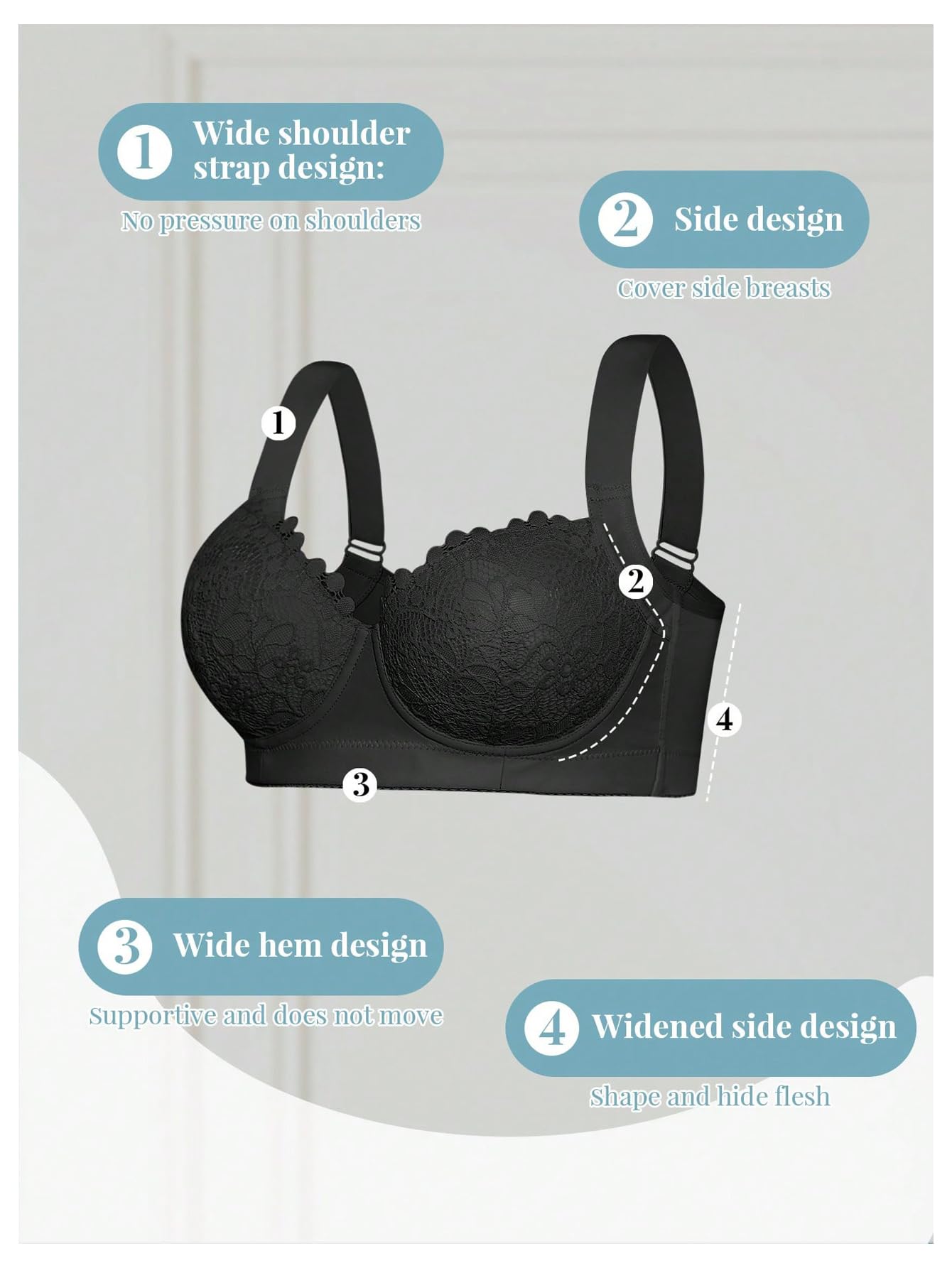 Confezione da 2 Reggiseni con Ferretto in Pizzo Floreale Donna Bralette Push Up Spalline Larghe A Balconcino Blu/Nero 34B(Blue/Black,(34) 34C)