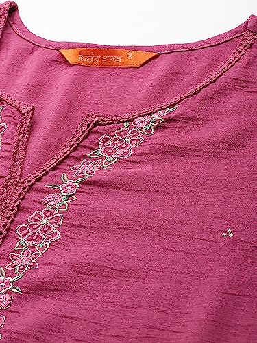 Image of INDO ERA Rayon Pink Straight Embroidered Kurta With Pant & Dupatta Set For Women