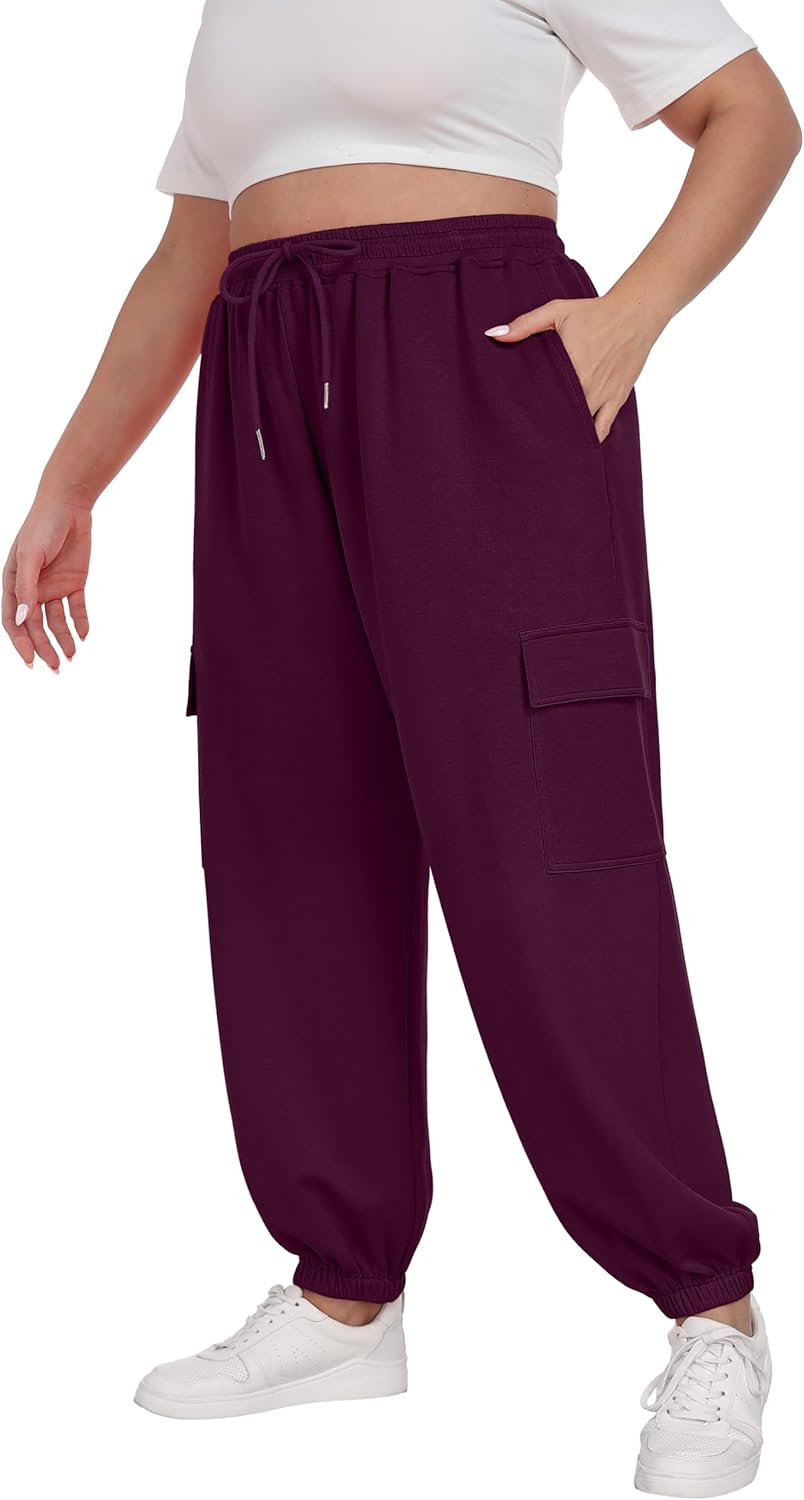 OLRIK Plus Size Cargo Sweatpants for Women Adjustable Drawstring Joggers Loose Fit Lounge Trousers with Pockets 2025 Fall