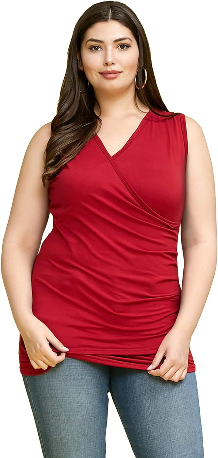 DOUBLJU Tank Tops For Women Cami Deep V Neck Sleeveless Satin Ruched Hem Tops Casual Basic Wrap T Shirts with Plus Size - Image 6
