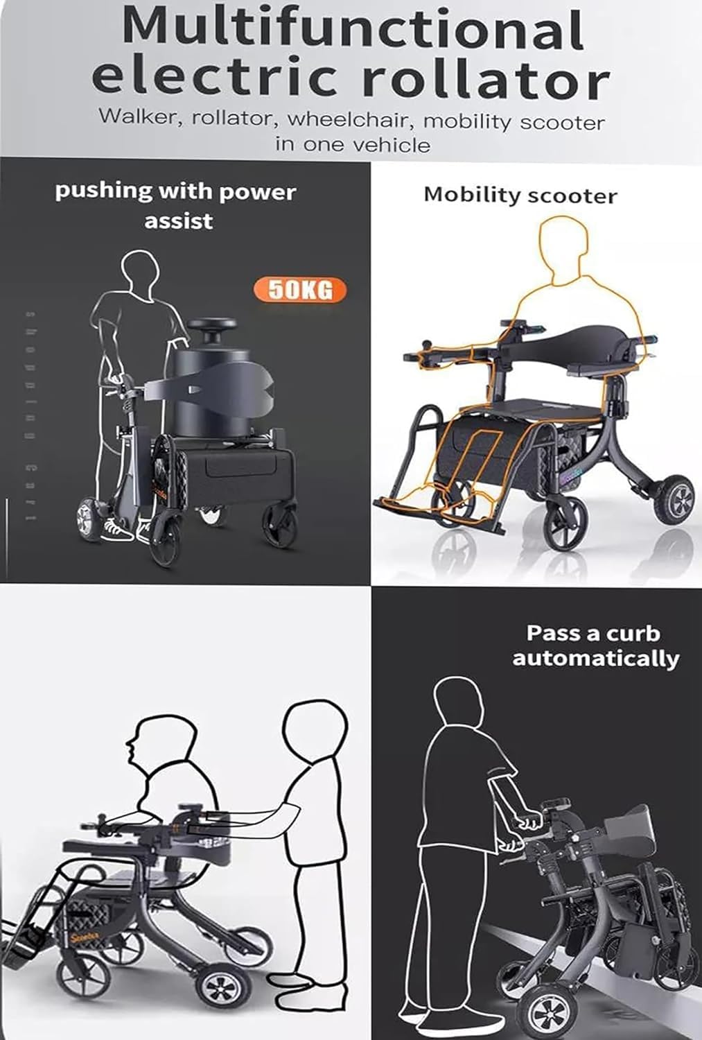 Rollator dell'azionamento del camminatore di energia elettrica, camminatore multifunzionale 3 in 1 per gli anziani, batteria elettrica pieghevole della ruota
