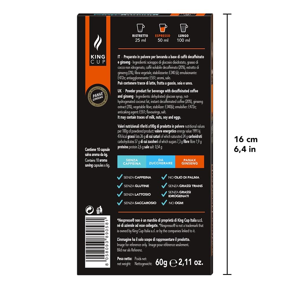 King Cup - 10 Paquetes de 10 Cápsulas de Ginseng Deca Sin Azúcar, 100 Cápsulas 100% Compatible con el Sistema Nespresso de Bebida con Sabor de Ginseng, Sin Gluten y Sin Lactosa