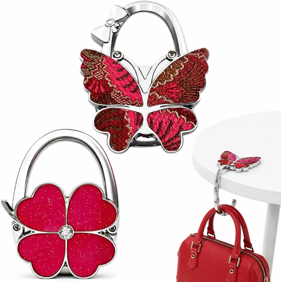 Red Purse Hooks for Table, 2 Pack Butterfly Clover Bag Hangers