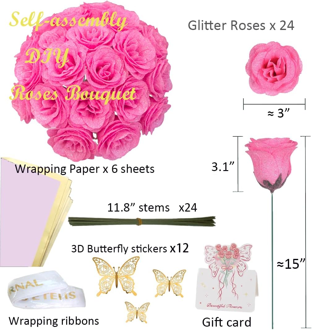 Pink Glitter Roses Gift for Her, DIY Artificial Rose Butterfly Flowers Bouquet Rose Gifts for Mothers Day Valentine Anniversary Birthday Gift for Women Wedding Decoration