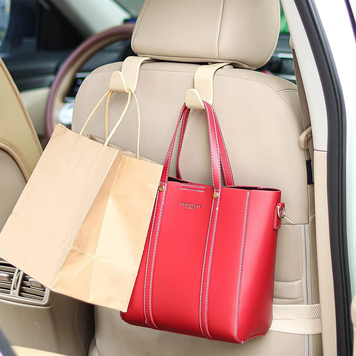 4 Pack Car Vehicle Back Seat Headrest Hooks, Universal Black Back Seat Hanger for Your Purse, Grocery Bags, Handbag, Car Seat Organizer Accessory (Beige)