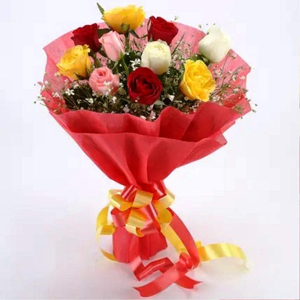The FloralMart® Mother's Day Special Fresh Flowers Bouquet of 12 Mixed Roses in Paper Wrapping, Bunch of 12 (Multicolour Rose)-image-13