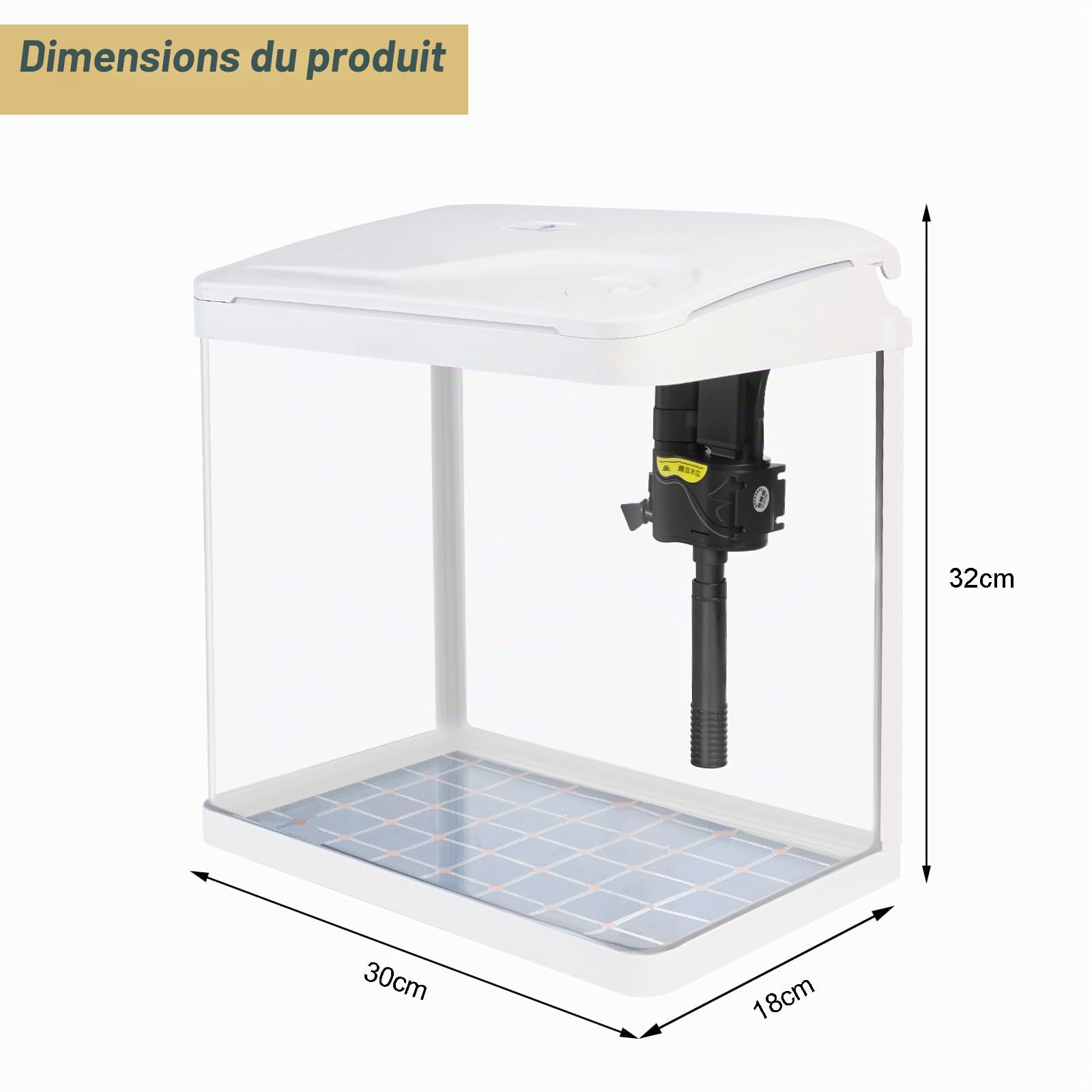 Petit aquarium en verre de 16 litres avec filtre et lumière, kit tout-en-un en verre de table avec pompe pour poissons rouges, beta, crevettes, blanc