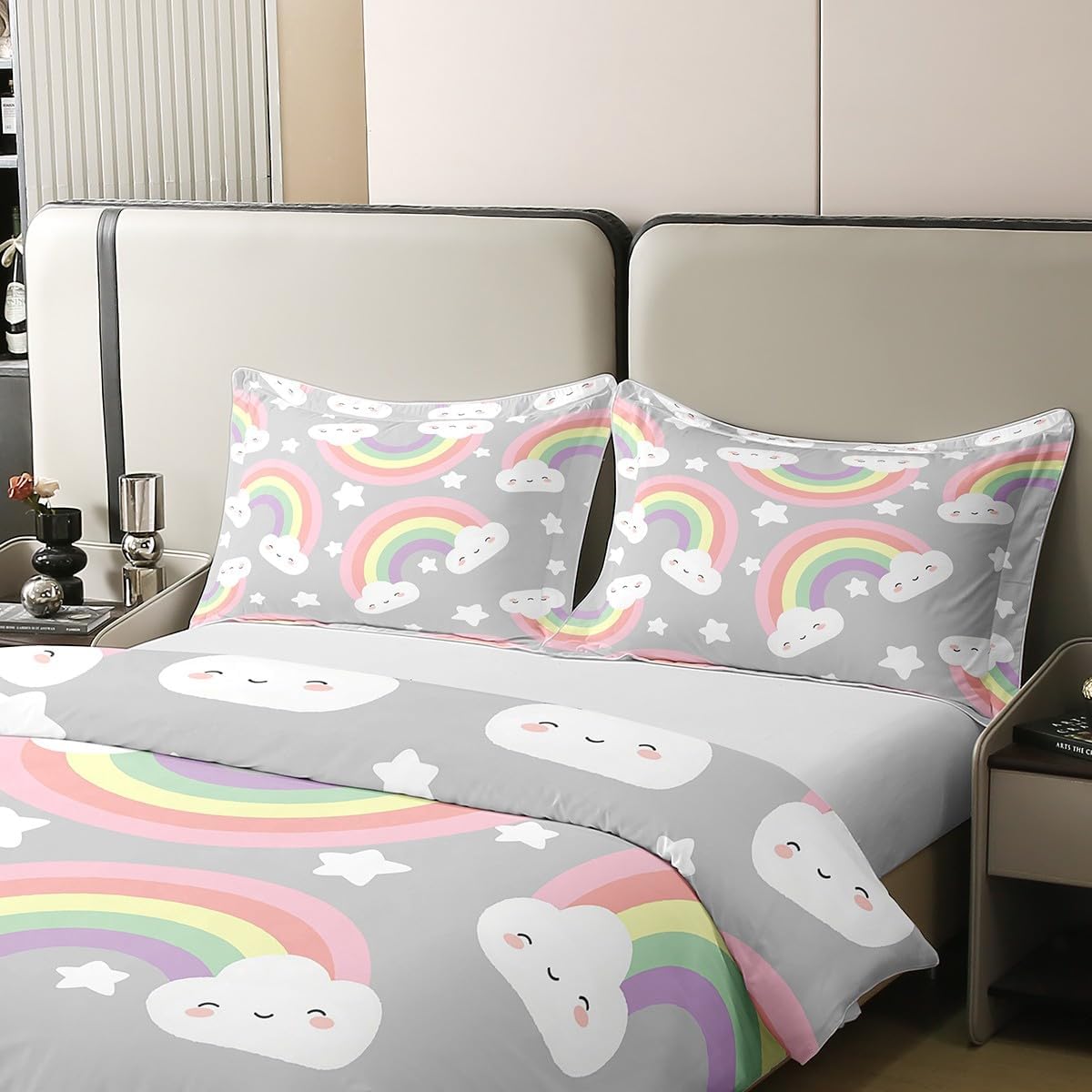 Rainbow 100% Cotton Bedding Set White Clouds Stars Comforter Cover Set for Kids Teens Bedroom Decor Cartoon Rainbow Clouds Duvet Cover Breathable Full Size 3 PCS