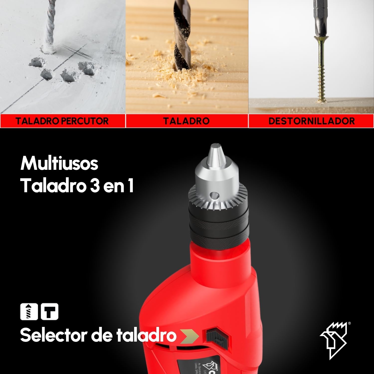 Casals - Taladro Atornillador Percutor 500W | 3000RPM | Portabrocas 13mm | Capacidad Máxima Perforación 10mm Acero / 24mm Madera / 13mm Hormigón | Revestimiento Ergonómico | 1.8m Cable