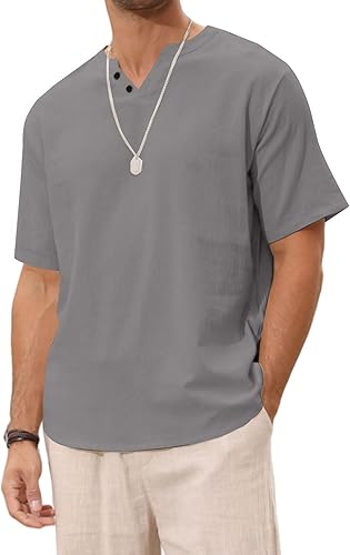 Miniatura 4 de Angbater Camisa corta de lino para hombre, estilo hippie, casual, para verano, ligera, tropical, Henley