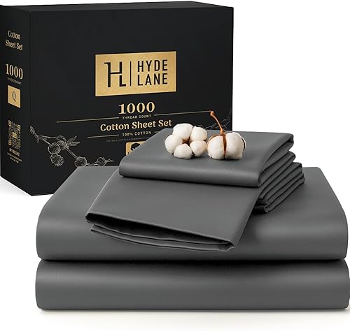 Hyde Lane Juego de sábanas de algodón de 1000 hilos, 4 piezas, sábana bajera, sábana encimera y fundas de almohada, se estira hasta 16 pulgadas para