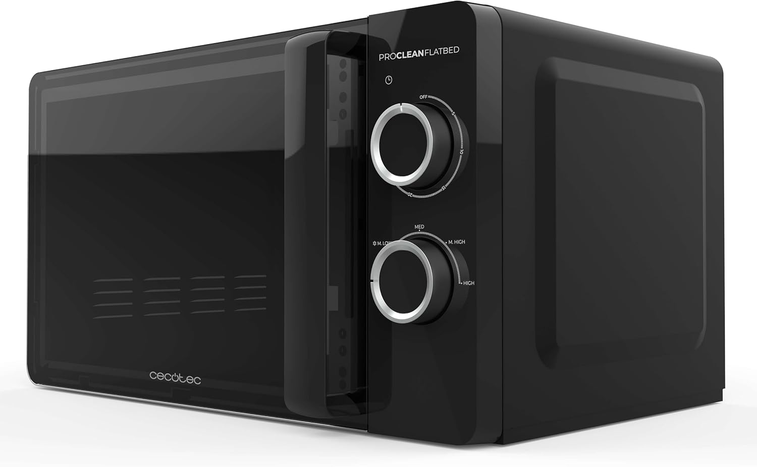 Ugao view of Cecotec Proclean 3030 Flatbed Microwave Oven, black, showing the door handle and control dials.