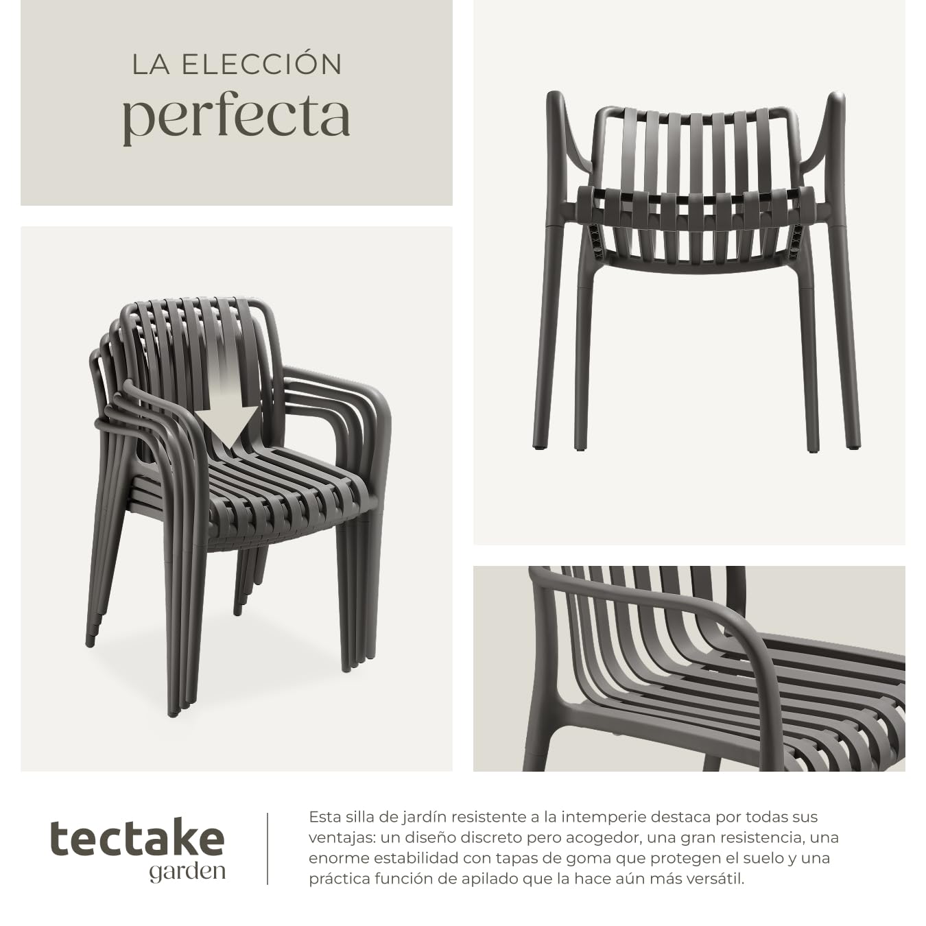 tectake® Sillas Terraza Exterior Apilables, Plástico Resistente, Antideslizante, Fácil de Montar, Muebles Resistentes, Sillas Jardin Exterior - Set de 2 con Reposabrazos Antracita