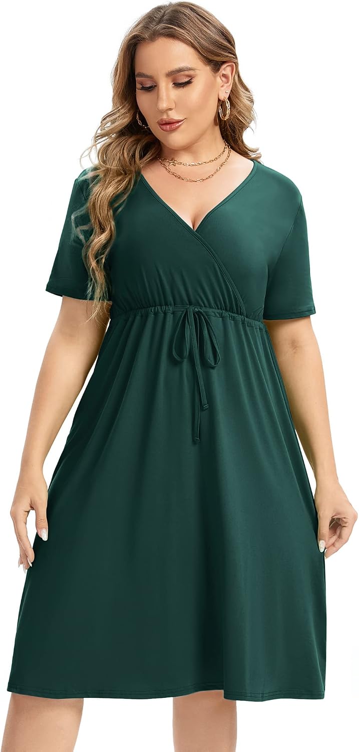 Plus Size Dress Women's V Neck A-Line Knee Length Wrap Mini Dress with Belt Plus Size Dresses for Curvy Womengreen-cs 3X-Large