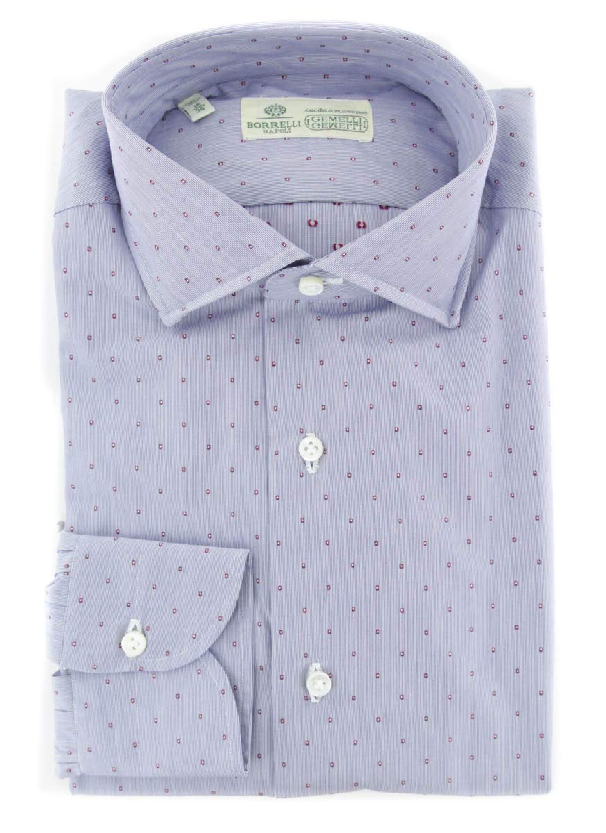 Luigi Borrelli Blue Patterned Button Down Spread Collar Cotton Slim Fit Dress Shirt Size Small 15