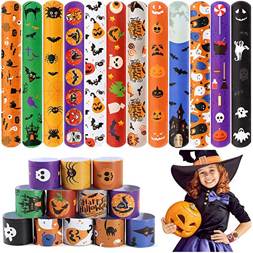 48 PCS Halloween Slap Bracelets for Kids Snap Bracelets Bulk with Spider Pumpkin Ghost Animal Print Craft Halloween Party Favors Birthday Gifts