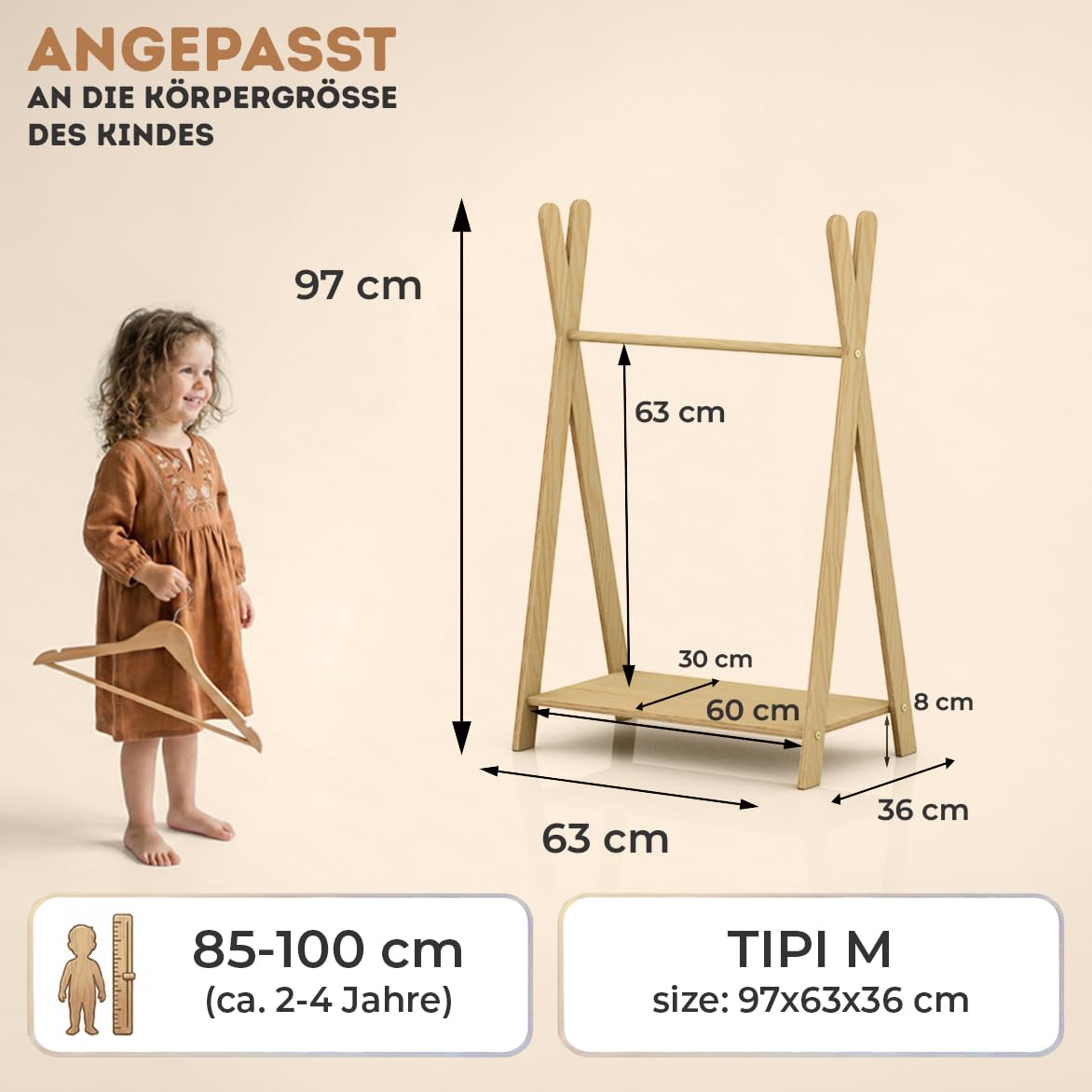 smartwood Kinder Kleiderständer TIPI M 97x63x36 cm - Montessori Garderobe aus FSC-Kiefernsperrholz mit Kleiderstange & Ablage - Garderobenständer mit Tragkraft bis 30 kg